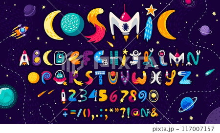 Cartoon space font for universe type or galaxy typeface, vector English alphabet letters. Kids cartoon space font or galaxy typeset with alien UFO, spaceman astronaut, rocket spaceship in cartoon type Cartoon space font for universe type or galaxy typeface, vector English alphabet letters. Kids cartoon space font or galaxy typeset with alien UFO, spaceman astronaut, rocket spaceship in cartoon type 117007157