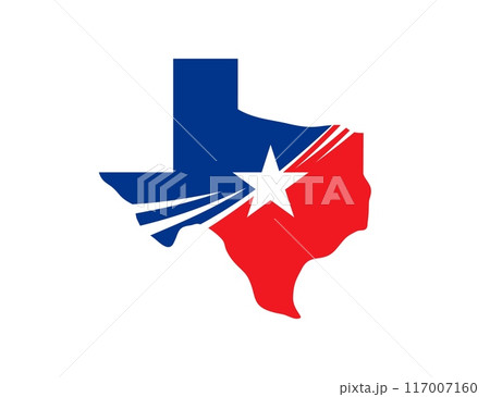 Texas state symbol of map and flag with American US star, vector icon. Texas map silhouette with flag colors for USA company or American corporation of oil and petrol industry with Texas state badge 117007160