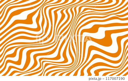 Swirl caramel pattern, seamless wavy peanut background. Vector sweet candy psychedelic texture, abstract distorted ornament with orange or white stripes. Dynamic caramel backdrop with optical illusion 117007190