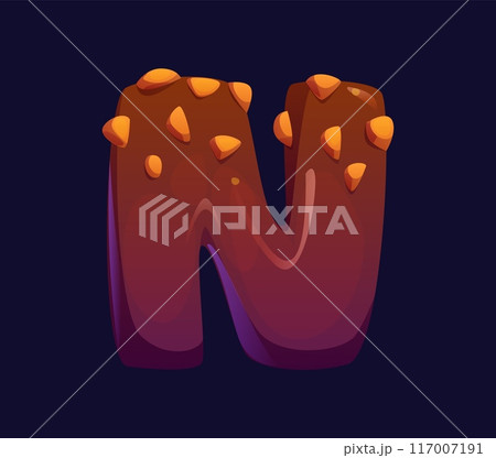 Letter N cartoon chocolate candy and confectionery alphabet, sweets typeface, cookie font, type. Isolated vector typography letterform symbol covered with glossy brown choco glaze and nut sprinkles 117007191