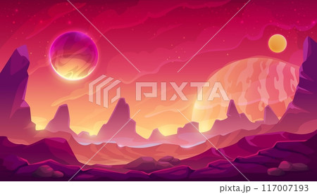 Fantastic space planet surface, mars red mountains landscape and glowing celestial bodies in purple sky. Cartoon vector game level background, futuristic scenery evoking sense of wonder and adventure Fantastic space planet surface, mars red mountains landscape and glowing celestial bodies in purple sky. Cartoon vector game level background, futuristic scenery evoking sense of wonder and adventure 117007193