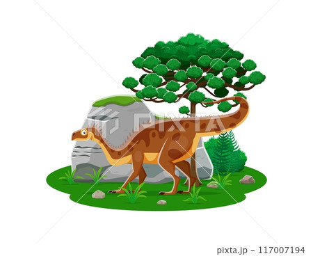 Plateosaurus prehistoric dinosaur in its natural habitat. Isolated vector vector dino stands among lush greenery and rocky terrain, with tall tree and plants at vivid Mesozoic-era ancient ecosystem 117007194