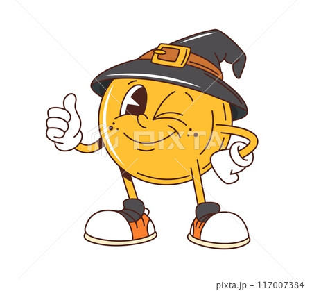 Cartoon groovy Halloween funny emoji character. Yellow smile ball with expressive eyes, gloves and sneakers, wearing a witch hat, winking and giving a thumbs-up, showcasing cheerful and festive vibes 117007384