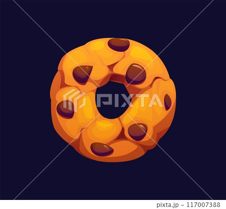Letter O cartoon cookie with chocolate chips, candy and confectionery alphabet, sweets typeface, font, type. Isolated vector typography letterform as a bakery crunchy snack. Funny kids abc symbol 117007388