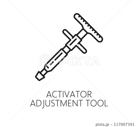 Chiropractic medicine icon of activator adjustment tool for spine manipulation therapy, vector line pictogram. Chiropractor activator adjustment tool for body back muscles and spine joints treatment Chiropractic medicine icon of activator adjustment tool for spine manipulation therapy, vector line pictogram. Chiropractor activator adjustment tool for body back muscles and spine joints treatment 117007391
