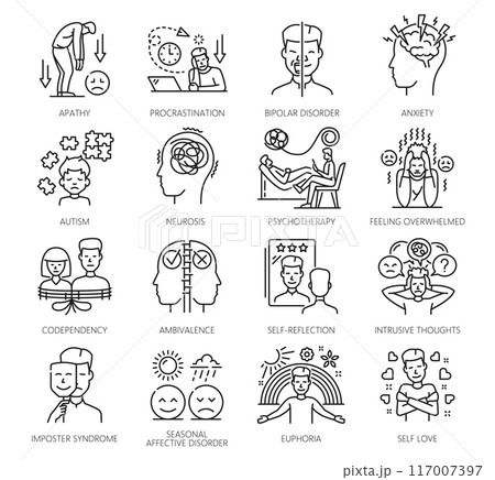 Psychological disorder problems, mental health icons. Psychotherapy or cognitive disorder or mental health thin line vector icons. Apathy, euphoria and anxiety, neurosis problems line pictograms set 117007397