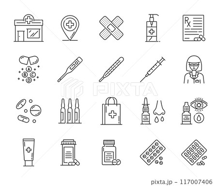 Pharmacy line icons of health and medical symbols, pills and medicines, outline vector. Hospital clinic, doctor nurse with prescription, thermometer, syringe and medications, nasal spray and eye drops Pharmacy line icons of health and medical symbols, pills and medicines, outline vector. Hospital clinic, doctor nurse with prescription, thermometer, syringe and medications, nasal spray and eye drops 117007406