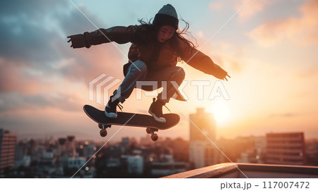屋外のパークでスケートボードを楽しむ女の子 屋外のパークでスケートボードを楽しむ女の子 117007472