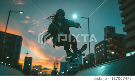 屋外のパークでスケートボードを楽しむ女の子 屋外のパークでスケートボードを楽しむ女の子 117007473