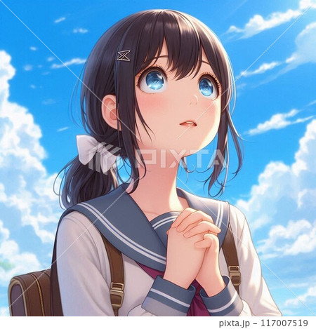希望に満ちた表情で青空を見上げる制服姿の女の子 117007519