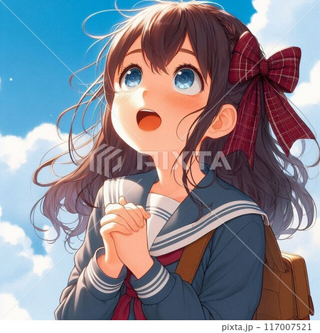 希望に満ちた表情で青空を見上げる制服姿の女の子 117007521