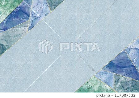 大理石風イラストバナー。水色背景に金継ぎ風のグリッターで区切られた青と緑のアルコールインクアート 大理石風イラストバナー。水色背景に金継ぎ風のグリッターで区切られた青と緑のアルコールインクアート 117007532