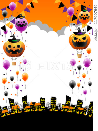 ハロウィン、町並み、背景、雲、かわいい、イラスト、風船、気球、オレンジ、縦 117007640