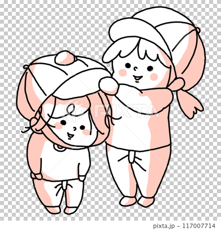 一個小妹妹幫比自己小的孩子戴帽子 一個小妹妹幫比自己小的孩子戴帽子 117007714