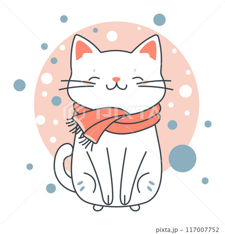Cute Adorable White Cat Cartoon Character Wearing Scarf in Winter with Smiling Expression 117007752