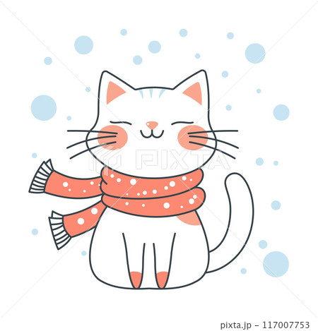Cute Adorable White Cat Cartoon Character Wearing Scarf in Winter with Smiling Expression Cute Adorable White Cat Cartoon Character Wearing Scarf in Winter with Smiling Expression 117007753