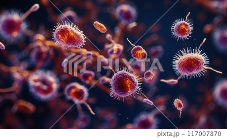 体内で動き回るいろいろな種類の細菌群の顕微鏡イメージ	 117007870