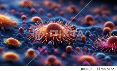 体内で動き回るいろいろな種類の細菌群の顕微鏡イメージ	 117007872