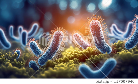体内で動き回るいろいろな種類の細菌群の顕微鏡イメージ 体内で動き回るいろいろな種類の細菌群の顕微鏡イメージ 117007940