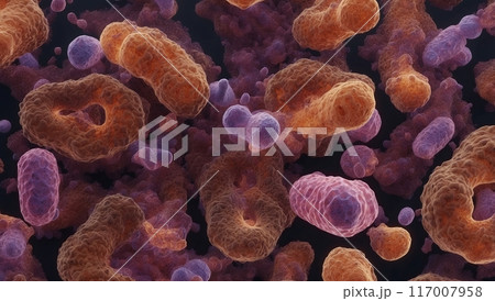 体内で動き回るいろいろな種類の細菌群の顕微鏡イメージ	 117007958