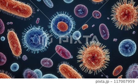 体内で動き回るいろいろな種類の細菌群の顕微鏡イメージ 体内で動き回るいろいろな種類の細菌群の顕微鏡イメージ 117007959