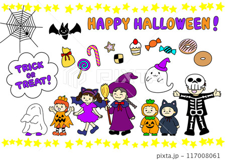 ハロウィンにお菓子をもらいに行く子どもたちのイラスト 117008061