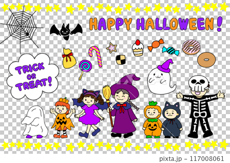 ハロウィンにお菓子をもらいに行く子どもたちのイラスト 117008061
