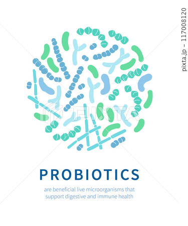Vector illustration poster of the human microbiome, probiotic beneficial bacteria. 117008120