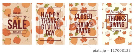 Happy Thanksgiving day poster set. Thanksgiving dinner. Special offer and sale. We will be Closed for Thanksgiving day. Flat vector illustration Happy Thanksgiving day poster set. Thanksgiving dinner. Special offer and sale. We will be Closed for Thanksgiving day. Flat vector illustration 117008122