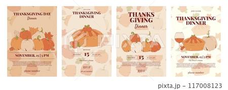 Thanksgiving Dinner Poster Set. Holiday invitation with pie, pumpkin, cranberry and more. Vector illustration Thanksgiving Dinner Poster Set. Holiday invitation with pie, pumpkin, cranberry and more. Vector illustration 117008123