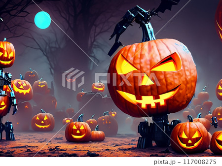 進撃するカボチャロボット　ハロウイン　背景イラスト 117008275