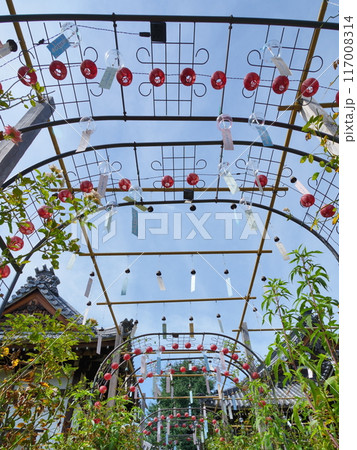 小さな赤い提灯のトンネルと風鈴 117008314