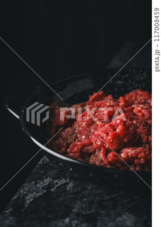 Ground meat, concept of cooking tasty meat food Ground meat, concept of cooking tasty meat food 117008459