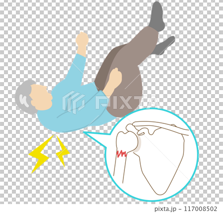 骨粗鬆症による高齢者の転倒骨折の好発部位。肩の骨折 骨粗鬆症による高齢者の転倒骨折の好発部位。肩の骨折 117008502