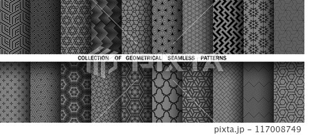 Geometric set of seamless black and gray patterns. Simple vector graphics 117008749
