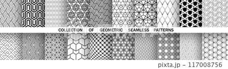 Geometric set of seamless black and white patterns. Simple vector graphics. 117008756