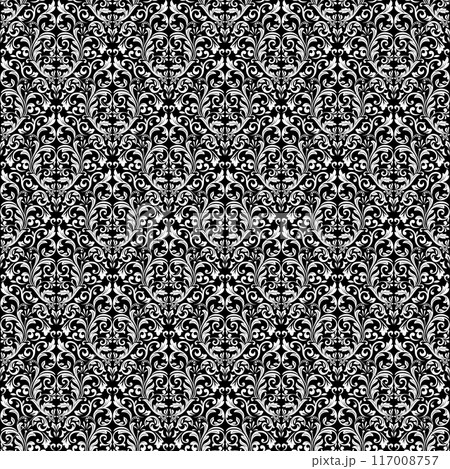 Floral pattern. Vintage wallpaper in the Baroque style. Seamless vector background. White and black ornament for fabric, wallpaper, packaging. Ornate Damask flower ornament. 117008757