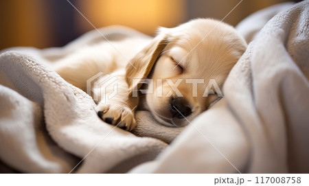 ぐっすり眠る可愛いゴールデンレトリバーの子犬の寝顔 117008758