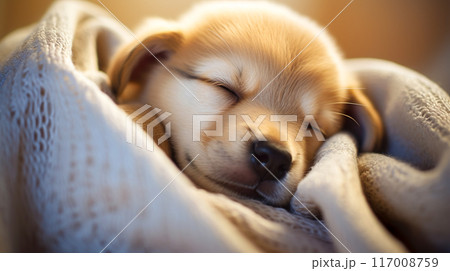 ぐっすり眠る可愛いゴールデンレトリバーの子犬の寝顔 117008759