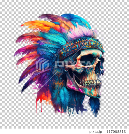 Vibrant, detailed digital artwork of a skull adorned with a Native American headdress, featuring colorful feathers and intricate designs. Perfect for edgy, artistic projects. 117008818
