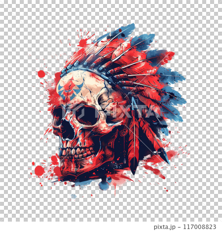 Vibrant, detailed digital artwork of a skull adorned with a Native American headdress, featuring colorful feathers and intricate designs. Perfect for edgy, artistic projects. 117008823