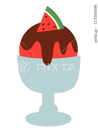 Ice cream in glass cup with chocolate and watermelon. Summer time sweet food. Vector flat illustration. 117008996