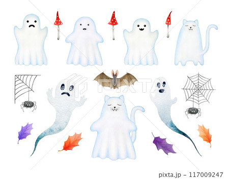 Funny ghost painted illustration set. Hand drawn scary Halloween traditional element. Spooky ghost Halloween collection isolated on white background. Funny spirit horror boo symbol 117009247