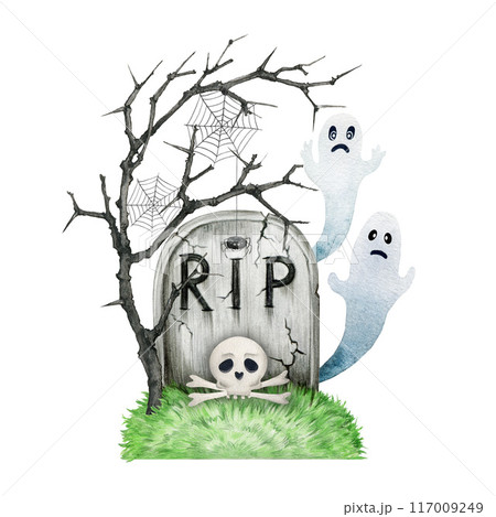Old stone grave with scull, bones, old growing tree, spider web scary ghosts painted illustration. Hand drawn gravestone spooky Halloween element. Old stone tomb with rip sign scary Halloween symbol Old stone grave with scull, bones, old growing tree, spider web scary ghosts painted illustration. Hand drawn gravestone spooky Halloween element. Old stone tomb with rip sign scary Halloween symbol 117009249
