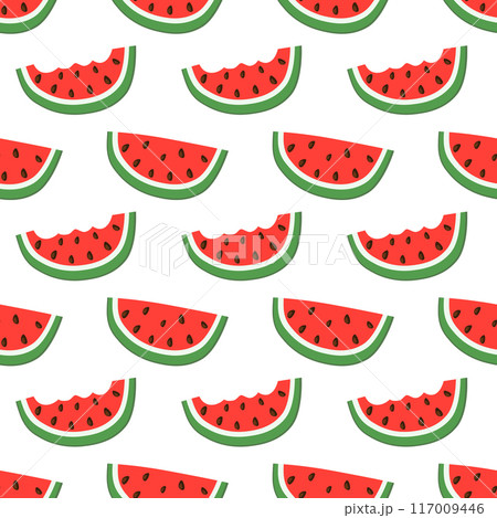 Seamless pattern with watermelon bite and slice. Summer fruit print design for postcard, wrapping paper, textile, wallpaper. Vector flat illustration. 117009446