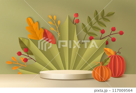 Autumn product podium with paper elements 117009564