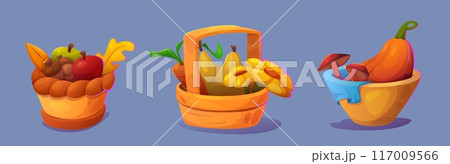 Wicker basket with autumn fruits and vegetables. 117009566
