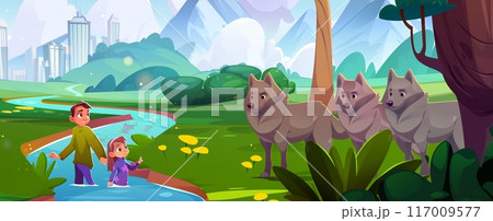 Scared children in river water near wild wolves. Scared children in river water near wild wolves. 117009577