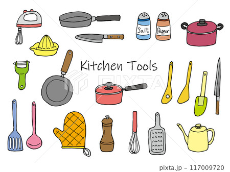 キッチンツールのイラストセット（手描き）カラー 117009720
