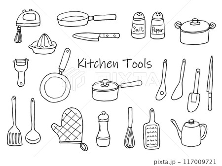キッチンツールのイラストセット（手描き）モノクロ 117009721